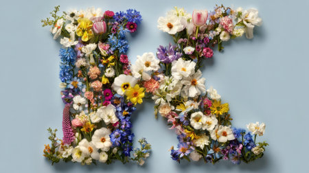 A striking floral arrangement shaped like the letter K, featuring a variety of colorful flowers against a soft blue background. Perfect for creative design projects or decor.の素材