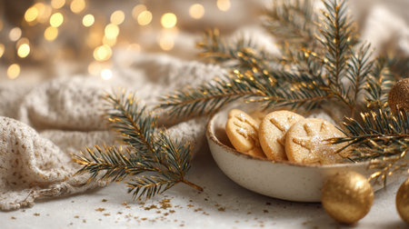 A cozy holiday scene featuring a bowl of golden cookies nestled in soft textiles, surrounded by twinkling lights and greenery, creating a warm festive atmosphere.の素材