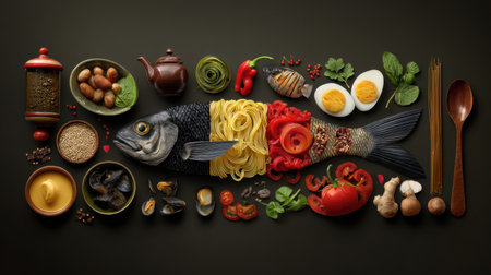 A visually striking arrangement featuring fish, noodles, vegetables, and spices, perfect for culinary inspiration or food photography.の素材