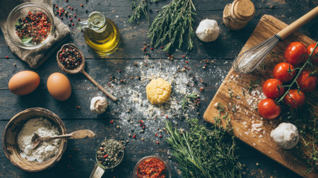 A beautiful display of fresh cooking ingredients on a rustic wooden table, showcasing eggs, tomatoes, herbs, and spices for an inviting culinary experience.の素材