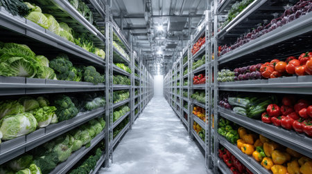 A spacious warehouse filled with rows of fresh vegetables, showcasing an organized display ideal for grocery supplies and promoting healthy eating habits.の素材