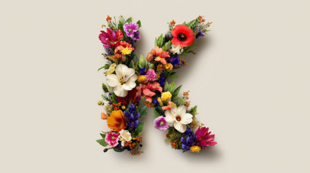 A stunning floral arrangement in the shape of the letter K, featuring vibrant blooms and delicate petals, set against a soft background.の素材