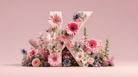 A captivating arrangement featuring the letter K adorned with vibrant pink flowers, showcasing a blend of nature's beauty against a soft pink backdrop.の素材