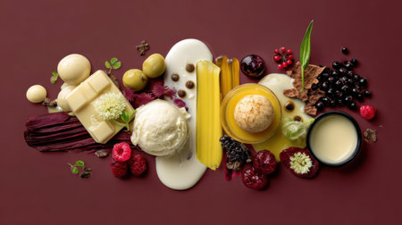 This visually stunning arrangement features ice cream, fresh berries, sauces, and decorative elements, creating a gourmet dessert presentation perfect for culinary art and photography.の素材