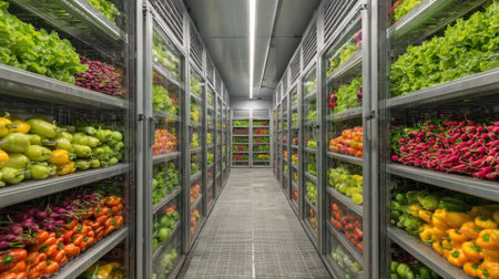 A modern refrigerated warehouse showcasing an organized display of fresh vegetables with vibrant colors, emphasizing quality and freshness in food storage.の素材