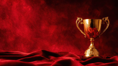 Captivating golden trophy set against a rich red velvet background, perfect for concepts of achievement, victory, and celebration in stock imagery.の素材