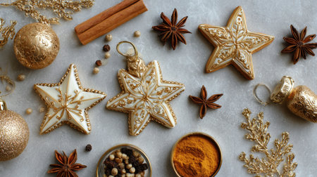 A beautifully arranged flat lay of festive golden decorations and spices on a marble surface, capturing the holiday spirit and seasonal charm.の素材