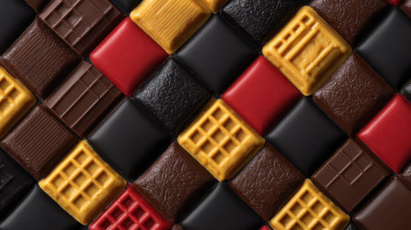 A visually appealing arrangement of chocolate squares in vibrant colors and various textures, perfect for culinary projects and dessert presentations.の素材