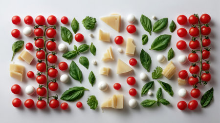 A visually appealing arrangement of fresh ingredients including cherry tomatoes, mozzarella balls, and basil leaves on a white background, perfect for culinary designs.の素材