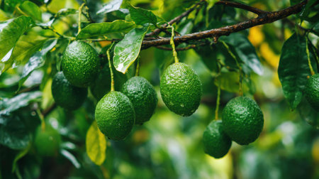 A close-up image of fresh green avocados hanging on a branch, surrounded by vibrant leaves and glistening droplets from recent rain.の素材
