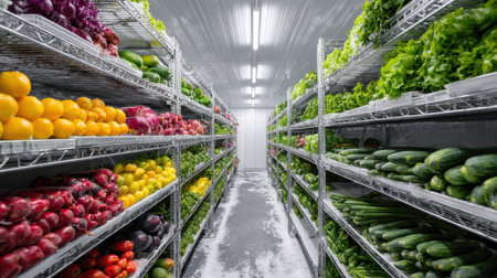 View of a refrigerated storage room filled with an array of colorful fruits and vegetables on metal shelves, showcasing freshness and quality.の素材