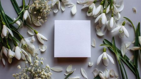 A blank square card rests amidst a beautiful arrangement of white snowdrop flowers and soft greenery on a gray background, perfect for greetings.の素材