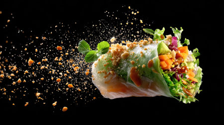 A stunning image of a fresh spring roll with colorful vegetables and herbs soaring through the air, captured against a striking black background for a dynamic visual appeal.の素材