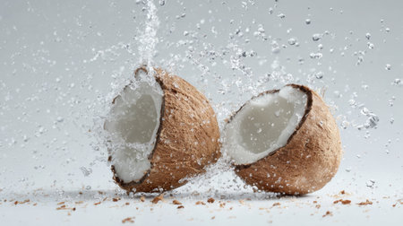 A visually striking image of a split coconut with water splashing around, evoking freshness and tropical vibes perfect for food and drink projects.の素材