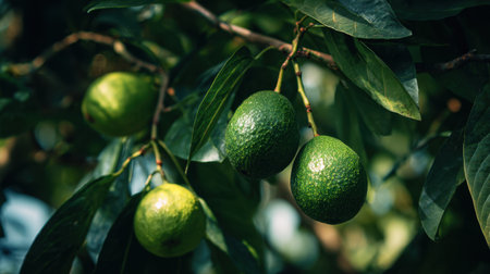 This image features fresh green avocados growing on a tree branch, surrounded by lush foliage, showcasing nature's bounty in vibrant detail.の素材