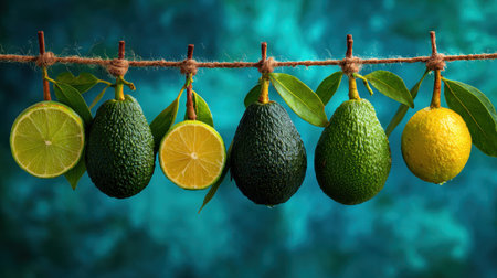 A charming display of fresh avocados and citrus fruits suspended on twine against a vibrant blue background, highlighting organic beauty and freshness.の素材