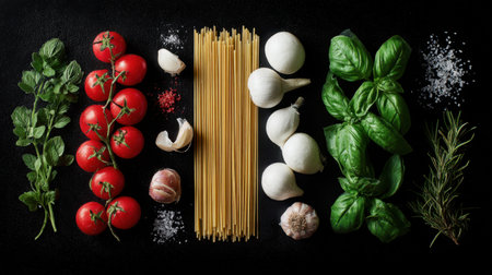 A beautiful arrangement of fresh ingredients for Italian cuisine, featuring herbs, garlic, tomatoes, and pasta on a dark surface. Perfect for culinary inspiration.の素材