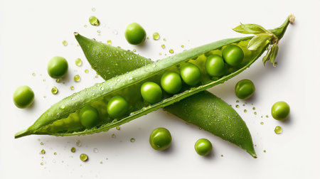 This stunning close-up features fresh green peas nestled in their pod, adorned with water droplets. Perfect for healthy eating themes, organic produce, and culinary inspiration.の素材