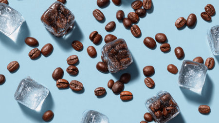 A visually striking arrangement of coffee beans and ice cubes on a light blue background, perfect for summer beverage inspiration and food photography.の素材