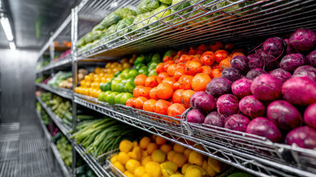 A vibrant display of fresh fruits and vegetables arranged neatly on market shelves, promoting healthy lifestyle choices and nutrition awareness.の素材