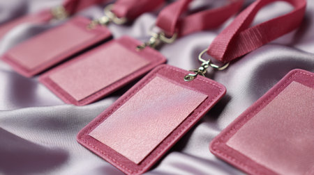 A collection of elegant pink blank name tags arranged neatly on soft satin fabric, ideal for conferences, events, or branding purposes.の素材