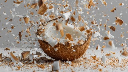 A captivating image of a coconut shell exploding, showcasing splintered pieces around a fresh coconut interior. This dynamic shot highlights texture and motion.の素材