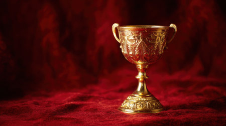 A stunning ornate golden trophy cup featuring intricate designs, beautifully crafted against a luxurious red velvet backdrop, perfect for awards.の素材