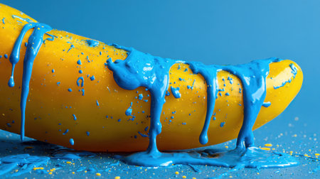 A vibrant yellow banana adorned with dripping blue paint creates a stunning visual contrast against a bright blue background. Ideal for artistic projects.の素材