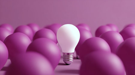 A unique light bulb stands out among a sea of purple spheres against a soft pink background, symbolizing creativity and innovation.の素材
