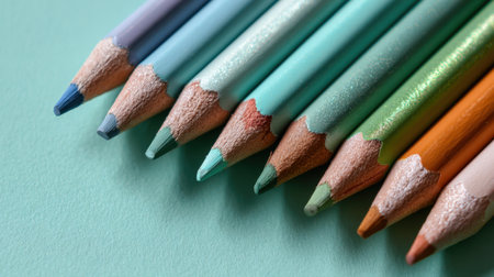 A vibrant collection of sharpened colored pencils displayed on a mint green surface, perfect for inspiring creativity in art and design activities.の素材