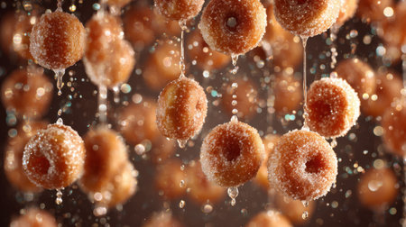 This captivating image features sugar-coated donuts suspended in mid-air, glistening with water droplets, creating an alluring and delicious display.の素材