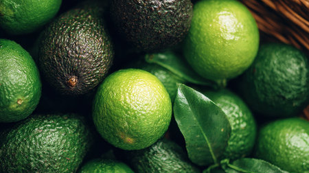 A vibrant collection of fresh avocados and limes displayed in a rustic wooden basket, accented by green leaves, showcasing organic textures and colors.の素材