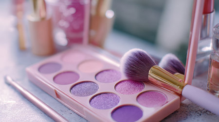 This close-up image showcases a makeup palette filled with vibrant shades of purple and pink eyeshadow, accompanied by professional brushes.の素材