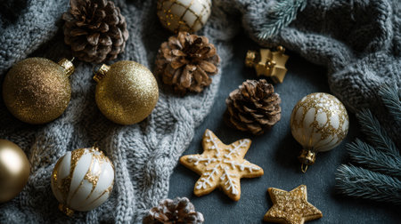 Celebrate the holiday spirit with this beautiful arrangement of gold ornaments, pinecones, and cookies set on a cozy knit background.の素材