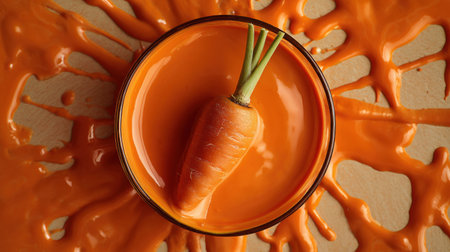 This captivating image features a fresh carrot placed in a bowl, surrounded by a vibrant orange splash, showcasing the beauty of vegetables.の素材