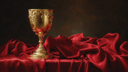 This stunning still life features a golden chalice set against luxurious red silk drapery. The intricate details and dramatic lighting highlight elegance and richness.の素材