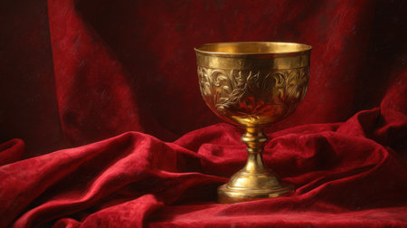 A meticulously crafted golden chalice rests gracefully on luxurious red velvet, exuding elegance and warmth. This still life captures intricate designs and rich colors, making it ideal for artistic or historical themes.の素材