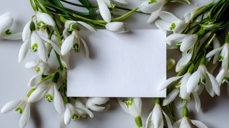 A pristine blank card lies gracefully among delicate snowdrop flowers, creating a serene and elegant backdrop perfect for personalized invitations or greetings.の素材
