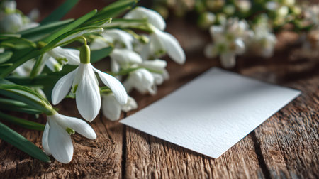 A serene composition featuring delicate snowdrop flowers arranged beside a blank card on a rustic wooden surface, perfect for seasonal invites.の素材