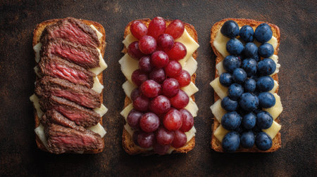 Indulge in a visually appealing trio of gourmet open-faced sandwiches featuring savory steak, fresh grapes, and sweet blueberries on rustic bread.の素材