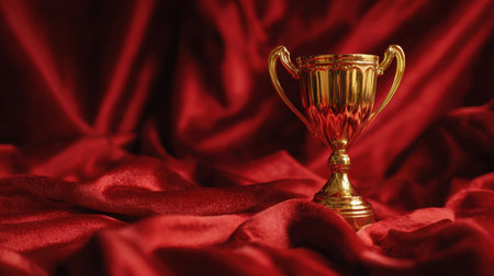 A striking golden trophy stands prominently on rich red fabric, creating a captivating scene perfect for celebrating achievements and honors.の素材
