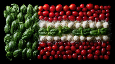A stunning visual feast showcases a creative arrangement of fresh ingredients, resembling a national flag. Ideal for culinary art and food photography inspiration.の素材