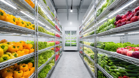 A modern grocery store cool room showcasing an abundant display of fresh and colorful vegetables on organized shelves, promoting healthy eating.の素材
