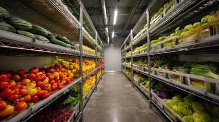 This image captures a vibrant aisle in a modern warehouse showcasing an abundance of fresh vegetables and fruits, highlighting healthy food storage practices.の素材