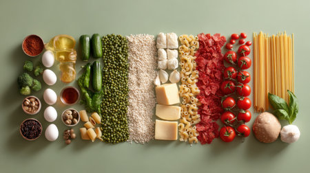 A visually appealing spread of fresh ingredients for Italian cooking, featuring pasta, vibrant vegetables, and rich cheese on a green backdrop.の素材