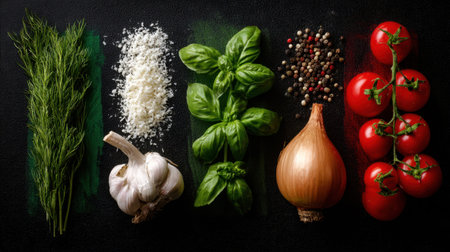 Discover a collection of fresh ingredients ideal for Italian cooking, featuring herbs, garlic, onions, and vibrant tomatoes. Perfect for recipes!の素材