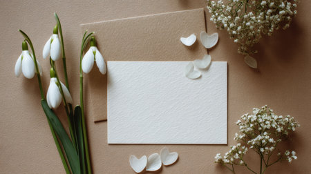 Beautiful arrangement featuring snowdrop flowers and a blank card on a neutral background, perfect for designing elegant invitations or greeting cards.の素材
