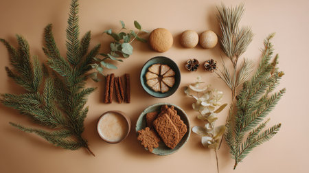 Beautifully arranged festive elements featuring cookies, greenery, and decorative items create a warm and inviting holiday atmosphere.の素材