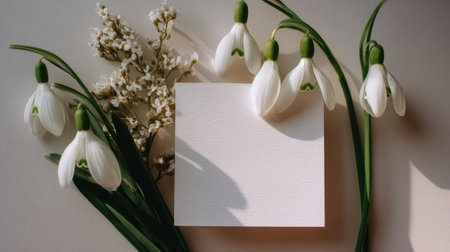 A serene still life featuring fresh snowdrop flowers alongside a blank card, creating an elegant and peaceful atmosphere perfect for spring-themed projects.の素材