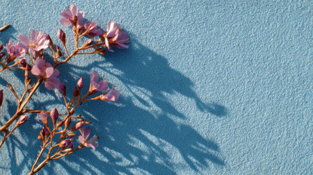 A serene composition featuring delicate pink flowers against a textured blue background, casting intricate shadows that enhance the natural beauty and aesthetic appeal of the scene.の素材